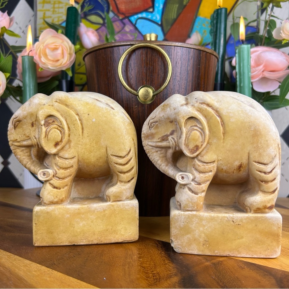 Vintage Carved Stone Elephant Bookends — Heavy, Hand-Finished, Global Decor